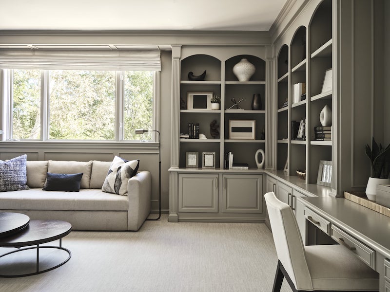 Living Room With Gray Book Shelves