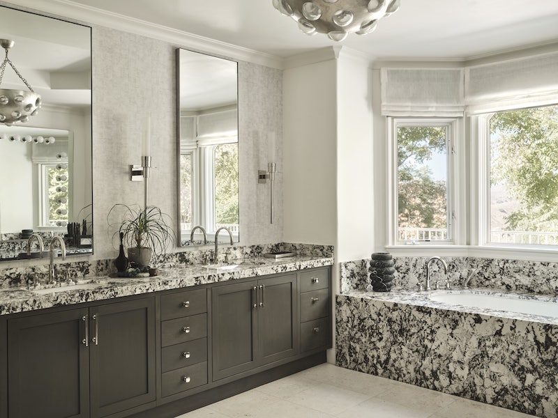 Black And White Marble Bath And Counters In Bathroom